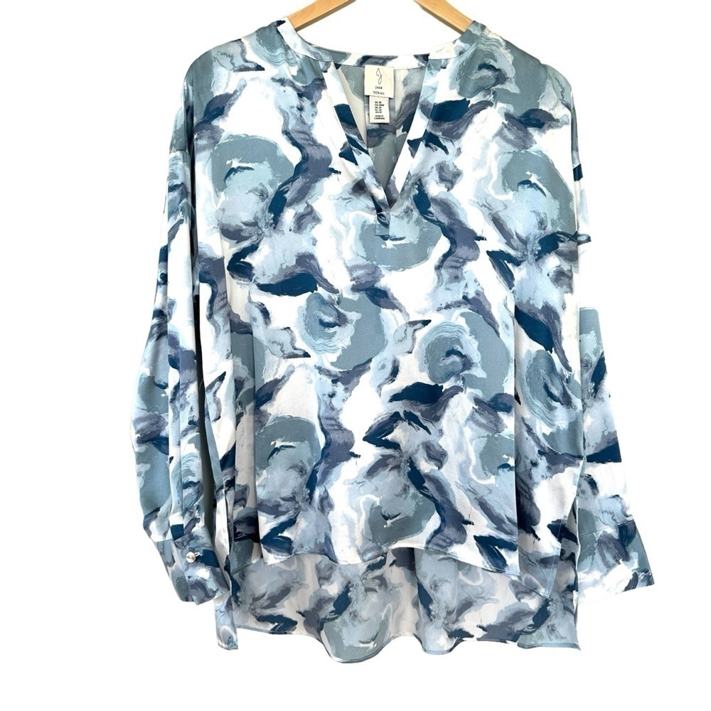 Joie Teal & White 100% Silk Abstract blouse